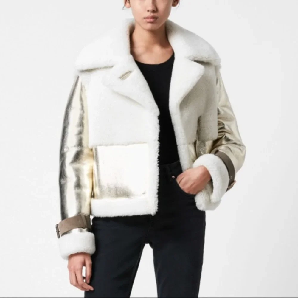 AllSaints Gold Shearling Farley Jacket - Picture 1 of 4